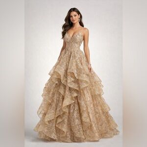 Ellie Wilde Champagne Gold Couture Embroidered Ruffle Gown Corset Back Formal
